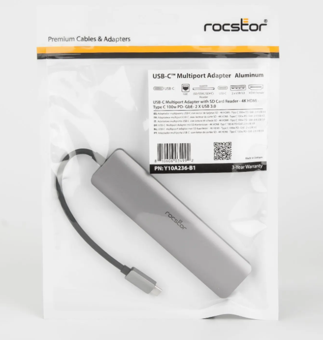 Rocstor Y10A236-A1 USB-C Multiport Adapter with SD Card Reader Aluminum RTL