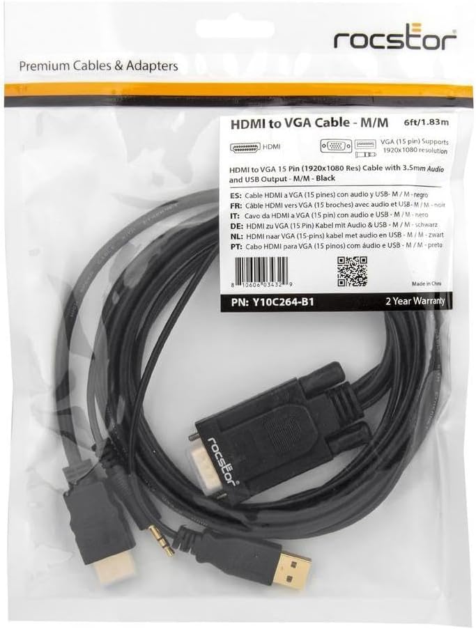 Rocstor Y10C264-B1 6ft HMDI to VGA Cable M M Supports 1920x1080 Black RTL