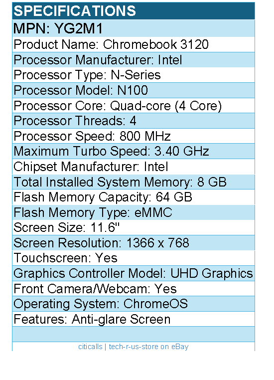 Dell YG2M1 3000 3120 11.6" Touchscreen Clamshell Chromebook - Intel N-Series