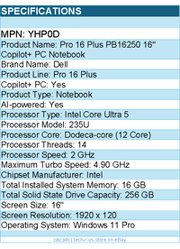 Dell YHP0D Pro 16 Plus PB16250 16" Copilot+ PC Notebook - Intel Core Ultra 5