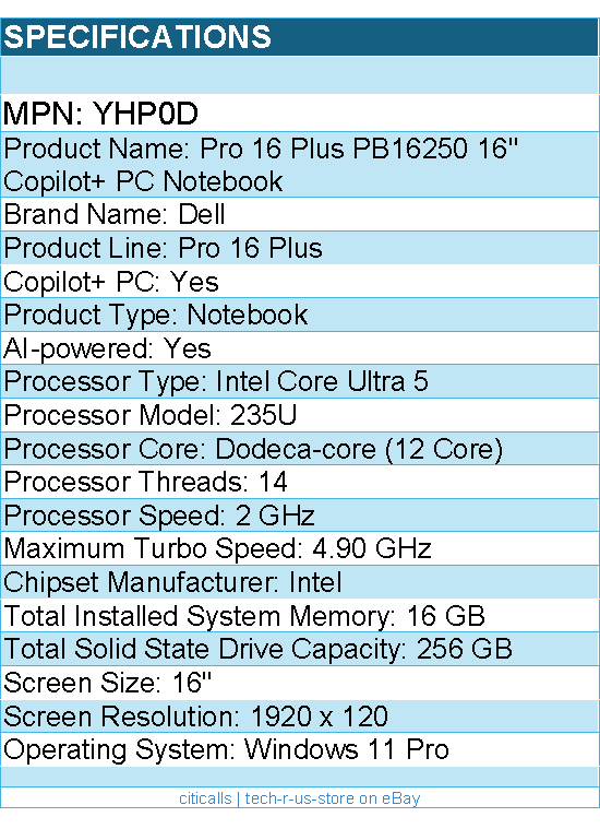 Dell YHP0D Pro 16 Plus PB16250 16" Copilot+ PC Notebook - Intel Core Ultra 5