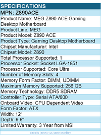 MSI Z890ACE MEG Z890 ACE ATX Gaming Desktop Motherboard - Socket LGA-1851