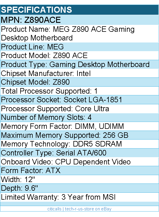 MSI Z890ACE MEG Z890 ACE ATX Gaming Desktop Motherboard - Socket LGA-1851