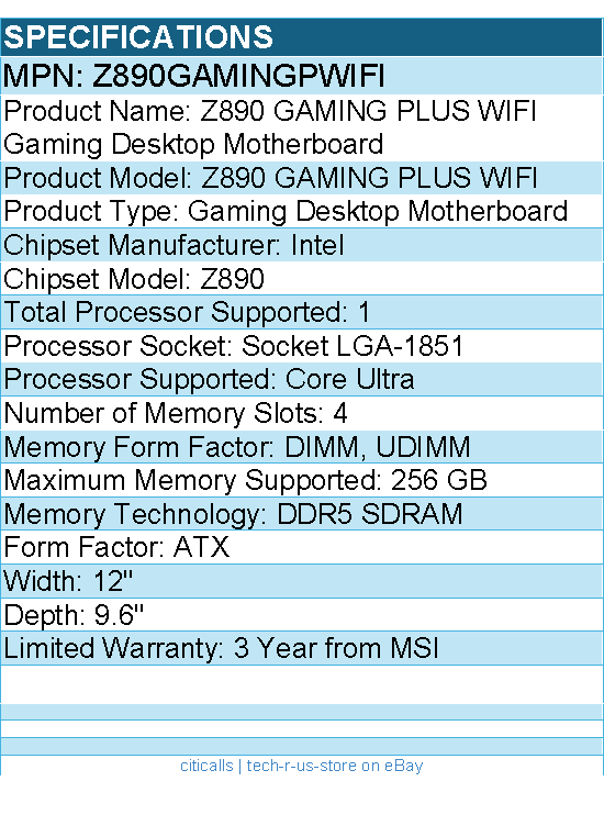 MSI Z890GAMINGPWIFI GAMING PLUS WIFI Gaming Desktop Motherboard