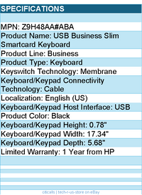 HP Z9H48AA#ABA USB Business Slim Smartcard Keyboard - Black