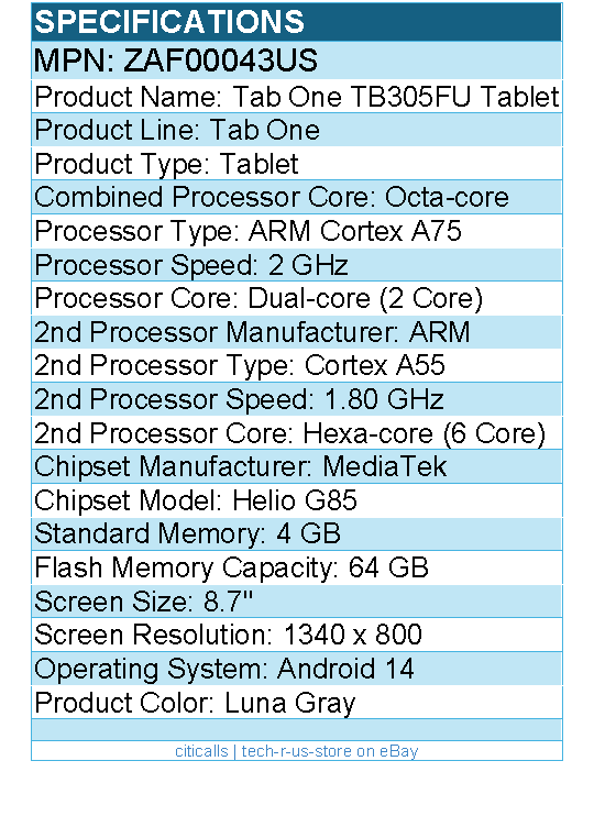 Lenovo ZAF00043US Tab One TB305FU Tablet - 8.7" HD -MediaTek Helio G85 Octa-core