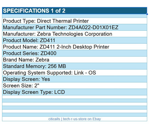 Zebra ZD4A022-D01X01EZ ZD411 Direct Thermal Printer Label Receipt USB ETH NFC BT