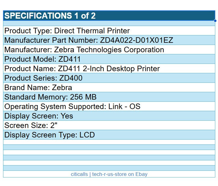 Zebra ZD4A022-D01X01EZ ZD411 Direct Thermal Printer Label Receipt USB ETH NFC BT