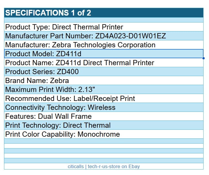 Zebra ZD4A023-D01W01EZ ZD411d Direct Thermal Printer Label Receipt USB WF NFC BT