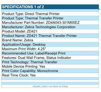 Zebra ZD4A043-301M00EZ ZD421 Thermal Printer Mono 4.25" Label Receipt USB BT NFC