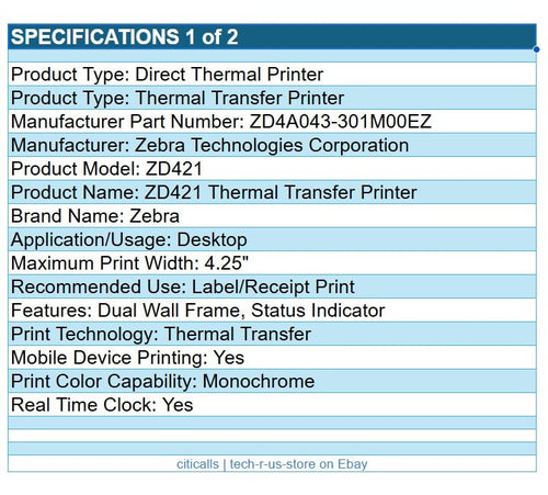 Zebra ZD4A043-301M00EZ ZD421 Thermal Printer Mono 4.25" Label Receipt USB BT NFC