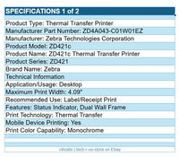 Zebra ZD4A043-C01W01EZ ZD421c Thermal Printer Mono Label Receipt USB BT WiFi NFC