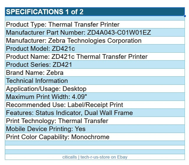 Zebra ZD4A043-C01W01EZ ZD421c Thermal Printer Mono Label Receipt USB BT WiFi NFC
