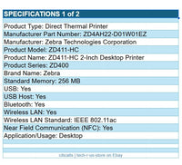 Zebra ZD4AH22-D01W01EZ ZD411-HC Direct Thermal Printer LBL Receipt USB BT WF NFC