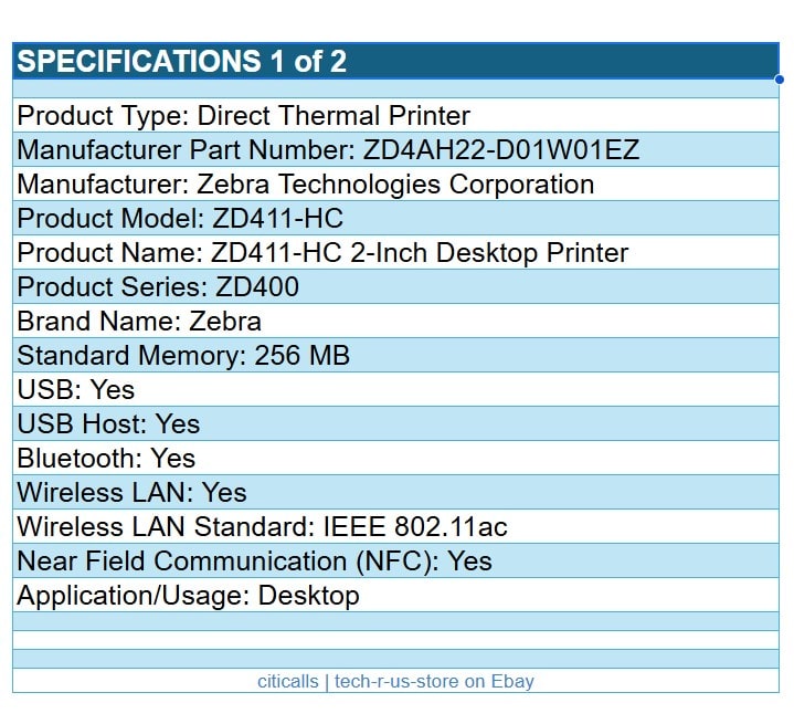 Zebra ZD4AH22-D01W01EZ ZD411-HC Direct Thermal Printer LBL Receipt USB BT WF NFC