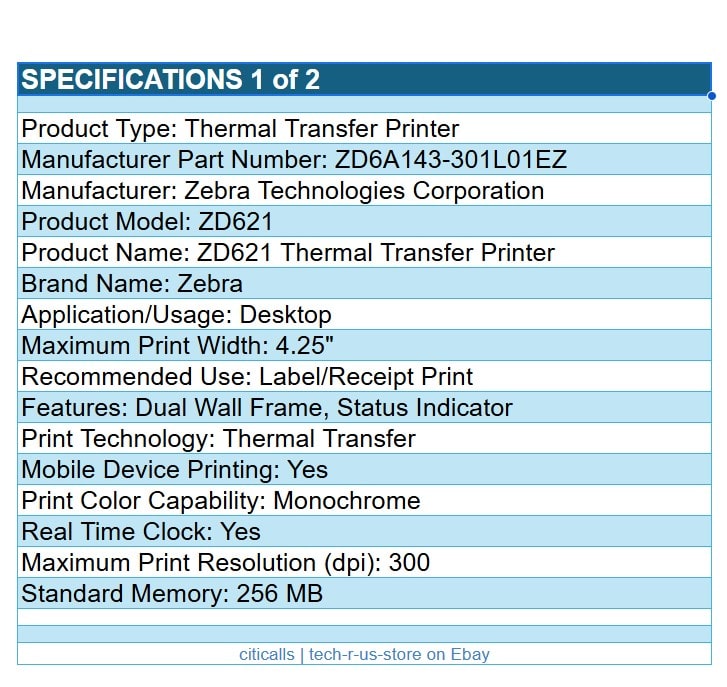 Zebra ZD6A143-301L01EZ ZD621 Thermal Printer Label Receipt USB Serial BT WF NFC