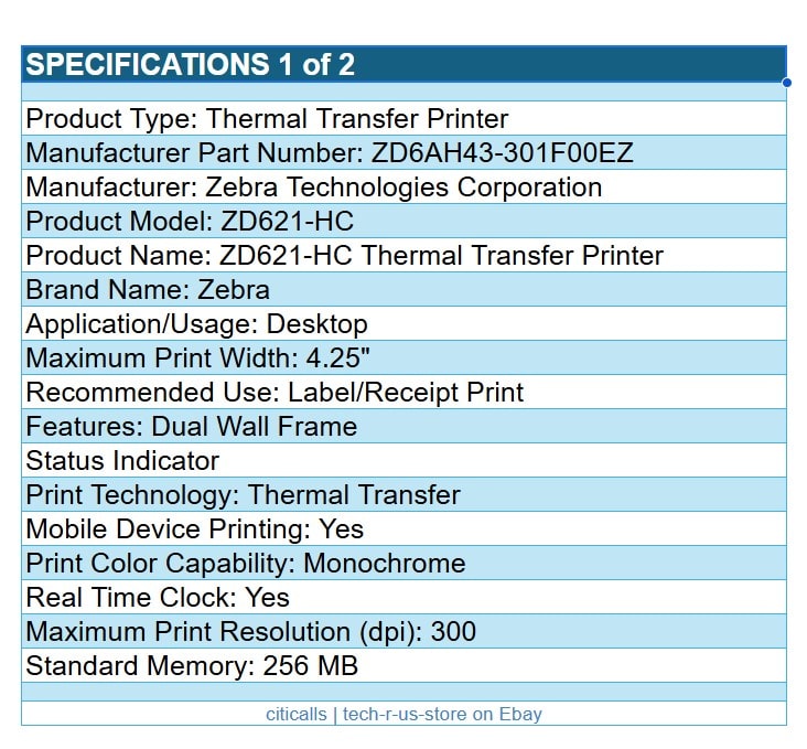 Zebra ZD6AH43-301F00EZ ZD621-HC Thermal Printer Label Receipt USB Serial BT NFC