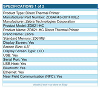 Zebra ZD6AH43-D01F00EZ ZD621-HC Direct Thermal Label Printer USB Serial BT NFC