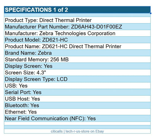 Zebra ZD6AH43-D01F00EZ ZD621-HC Direct Thermal Label Printer USB Serial BT NFC