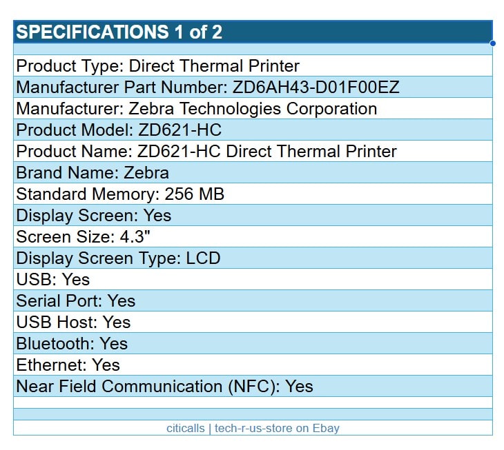 Zebra ZD6AH43-D01F00EZ ZD621-HC Direct Thermal Label Printer USB Serial BT NFC