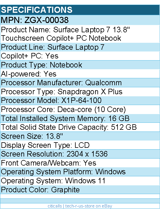 Microsoft ZGX-00038 Surface Laptop 7 13.8" Touchscreen Copilot+ PC Notebook