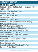 Microsoft  ZIN-00019 Surface Pro 11 Copilot+ PC Tablet - 13" - 512 GB SSD -Black