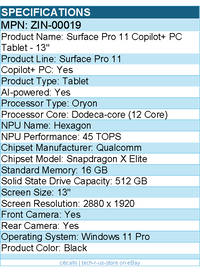 Microsoft  ZIN-00019 Surface Pro 11 Copilot+ PC Tablet - 13" - 512 GB SSD -Black