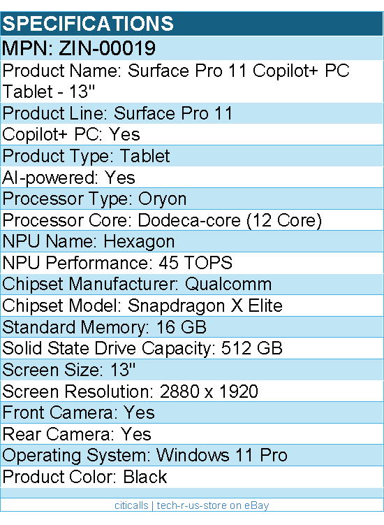 Microsoft  ZIN-00019 Surface Pro 11 Copilot+ PC Tablet - 13" - 512 GB SSD -Black