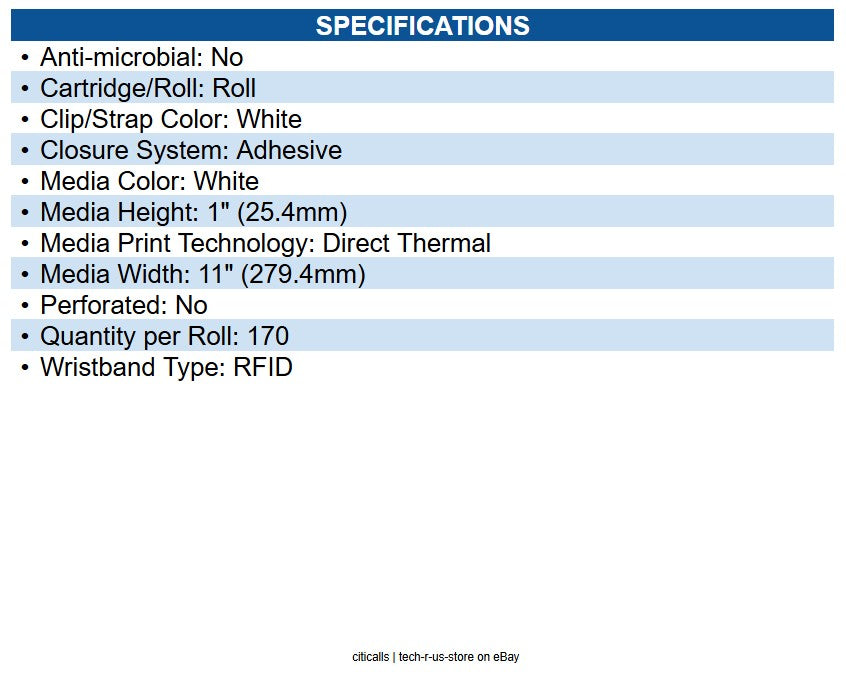 Zebra ZIPRD3018584 WRISTBAND, POLYPROPYLENE,25.4X279.4MM; DIRECT THERMAL, Z-BAND