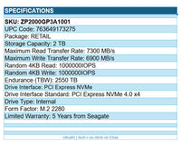 Seagate ZP2000GP3A1001 2TB SSD Game Drive SSD M.2 2280 PCIe NVMe 4.0x4 PlaySta