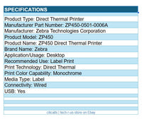 Zebra ZP450-0501-0006A ZP450 Direct Thermal Label Printer Mono USB 4" Width