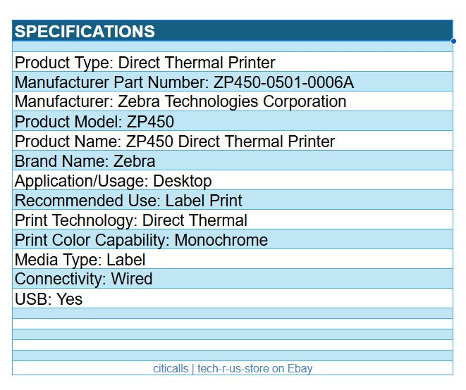 Zebra ZP450-0501-0006A ZP450 Direct Thermal Label Printer Mono USB 4" Width