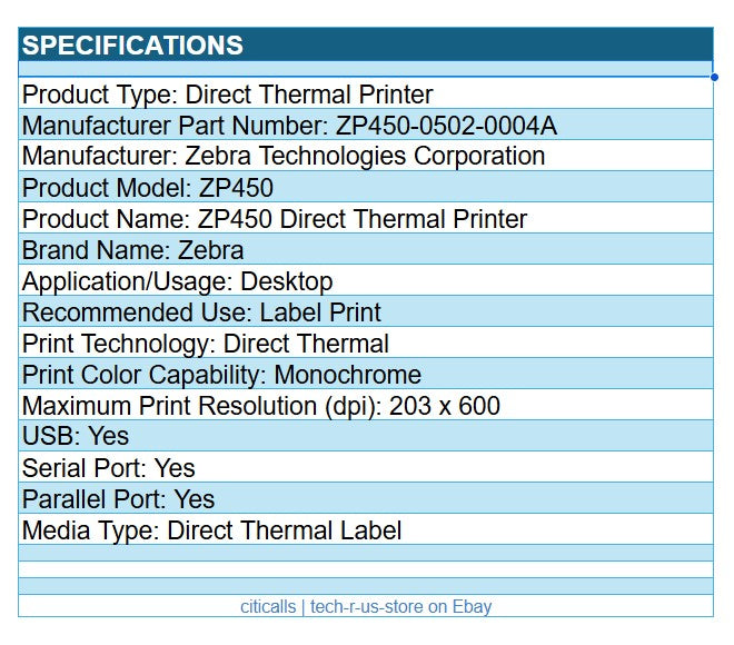 Zebra ZP450-0502-0004A ZP450 Direct Thermal Label Printer USB Serial Parallel