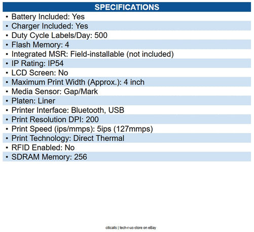 Zebra ZQ52-BUE0000-GA ZQ521 Mobile Direct Thermal Printer Monochrome - Label/