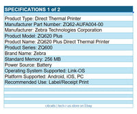 Zebra ZQ62-AUFA004-00 ZQ620 Plus Direct Thermal Mobile Printer BT NFC 2.8" Width