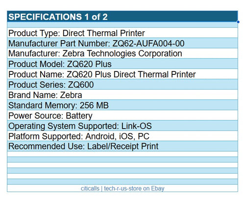 Zebra ZQ62-AUFA004-00 ZQ620 Plus Direct Thermal Mobile Printer BT NFC 2.8" Width