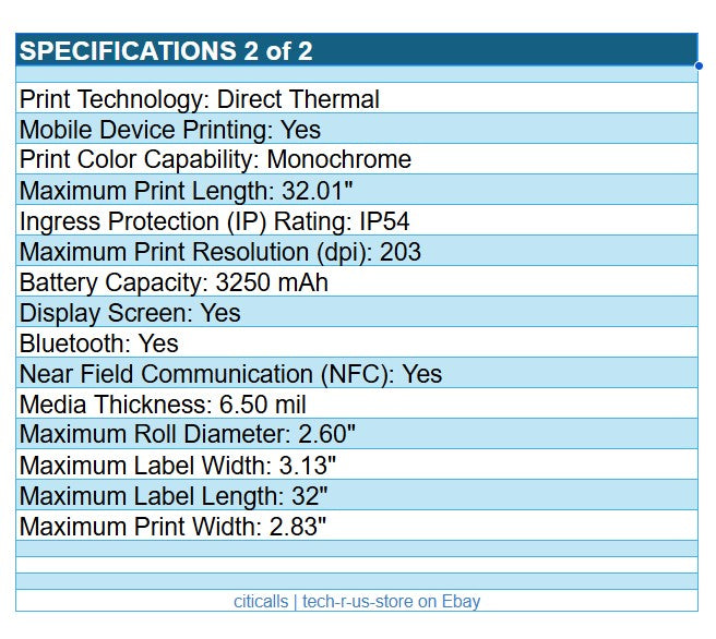 Zebra ZQ62-AUFA004-00 ZQ620 Plus Direct Thermal Mobile Printer BT NFC 2.8" Width