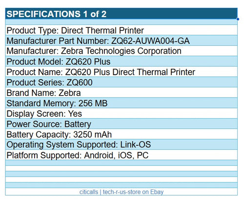 Zebra ZQ62-AUWA004-GA ZQ620 Plus Direct Thermal Mobile Printer WF BT NFC 2.8"