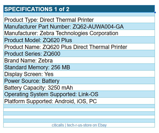 Zebra ZQ62-AUWA004-GA ZQ620 Plus Direct Thermal Mobile Printer WF BT NFC 2.8"