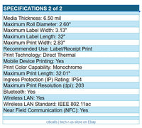 Zebra ZQ62-AUWA004-GA ZQ620 Plus Direct Thermal Mobile Printer WF BT NFC 2.8"