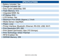Zebra ZQ62-AUXA0B4-00 DT Printer ZQ620 Plus 3"/72mm; English fonts, Wi-Fi 6 Dual