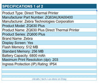 Zebra ZQ63-AUXA004-00 ZQ630 Direct Thermal Mobile Printer WF Dual Radio 4" Width