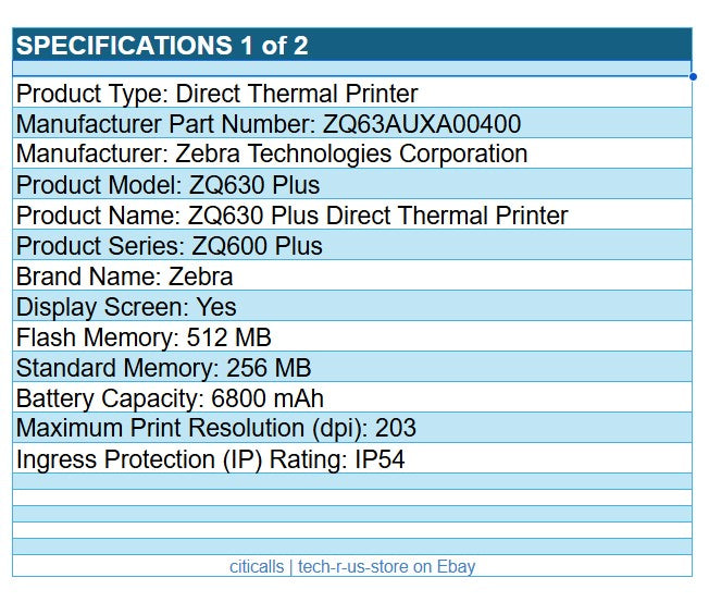 Zebra ZQ63-AUXA004-00 ZQ630 Direct Thermal Mobile Printer WF Dual Radio 4" Width