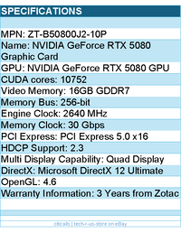 ZOTAC ZT-B50800J2-10P GeForce RTX 5080 SOLID CORE OC 16GB GDDR7 Video Card