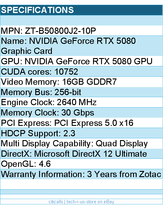 ZOTAC ZT-B50800J2-10P GeForce RTX 5080 SOLID CORE OC 16GB GDDR7 Video Card