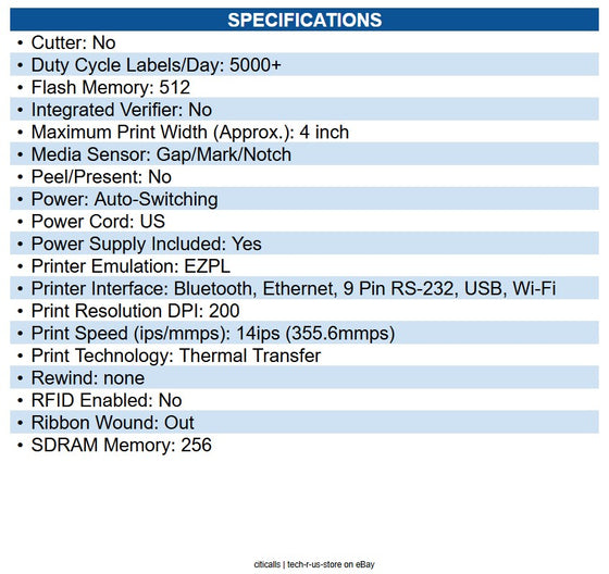 Zebra ZT41142-T01A000Z ZT411 Industrial Direct Thermal/Thermal Transfer Printer