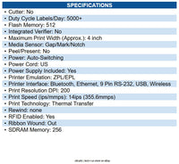 Zebra ZT41142-T01A0A0Z TT Printer ZT411; 4", 203 dpi, US Cord, Serial, USB