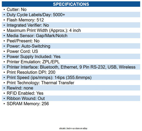Zebra ZT41142-T01A0A0Z TT Printer ZT411; 4", 203 dpi, US Cord, Serial, USB