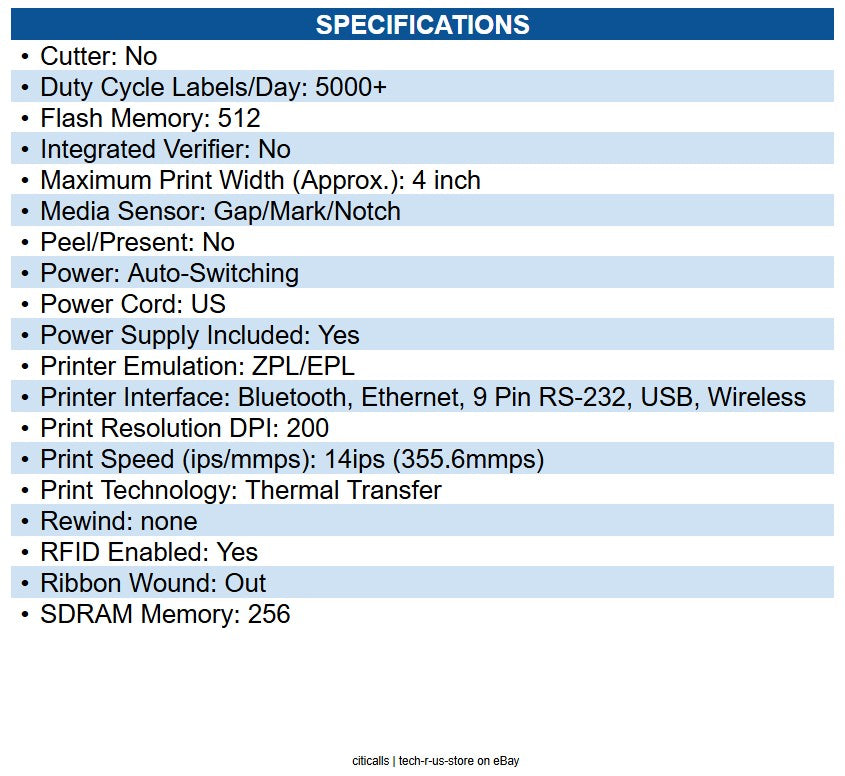 Zebra ZT41142-T01A0A0Z TT Printer ZT411; 4", 203 dpi, US Cord, Serial, USB