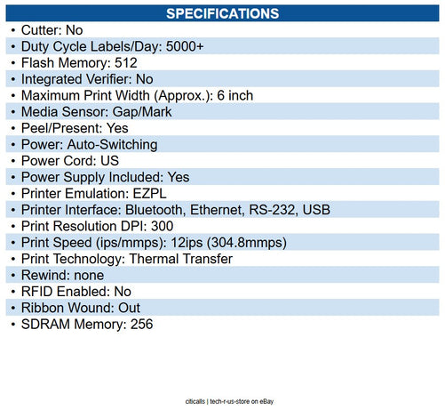 Zebra ZT42163-T110000Z TT Printer ZT421; 6", 300 dpi, US Cord, Serial, USB